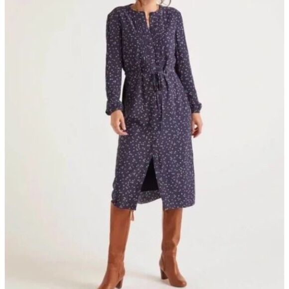 Boden Corrina Tie Waist Ditzy Floral Patterned Shirt Dress in French Navy Size L - Picture 1 of 16